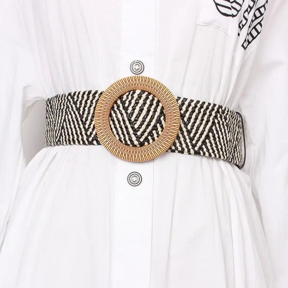 Woven Black & Cream Belt with Textured Gold Ring Buckle